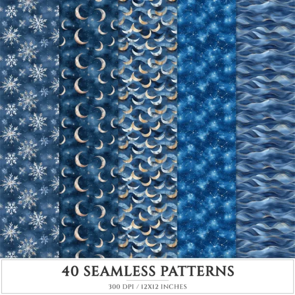 Celestial Elf Seamless Patterns, Magical nightscape JPEG, Fantasy universe pattern, Moon and stars repeating pattern,Digital scrapbook paper