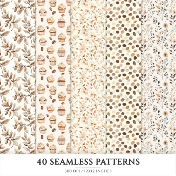 Coffee Lover Seamless Patterns, Coffee leaf JPEG, Coffee beans pattern, Coffee mugs, Cookies repeating pattern, Digital scrapbook paper