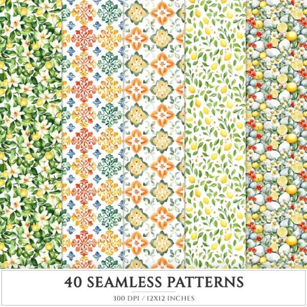 Italian Vibes Seamless Patterns, Mediterranean summer JPEG, Lemon motifs pattern, Italian tiles repeating pattern, Digital scrapbook paper