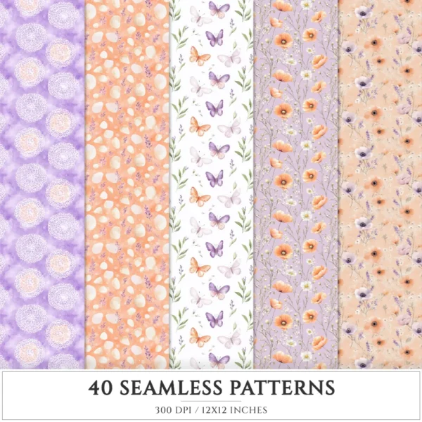 Spring Awakening Seamless Patterns, Whimsical spring JPEG, Floral pattern, Lavender, Spring meadow repeating pattern,Digital scrapbook paper