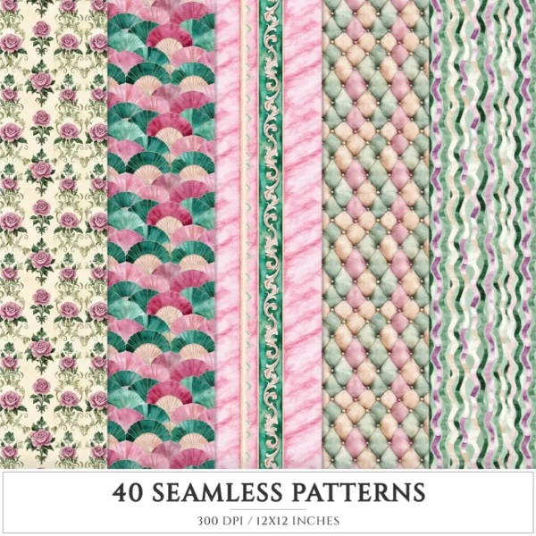 Velvet Reverie Seamless Patterns, Vintage Fashion JPEG, Pink pastel rose pattern, Emerald, Antique repeating pattern,Digital scrapbook paper