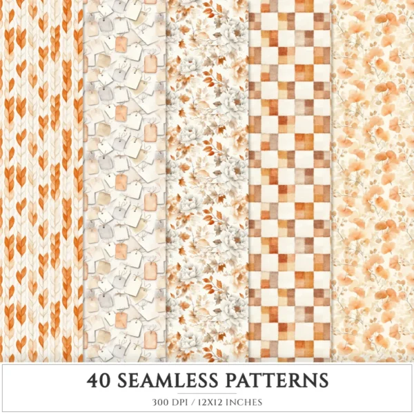 Autumn Planner Seamless Patterns, Cozy autumn JPEG, Maple leaves pattern, Acorns, Plaid, Pumpkins repeating pattern, Digital scrapbook paper