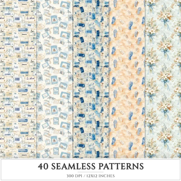 Globe Trotter Seamless Patterns, Traveling summer JPEG, Seashell pattern, Airplane, Travel memory repeating pattern, Digital scrapbook paper