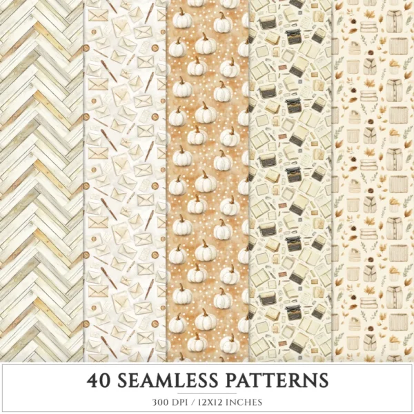 September End Seamless Patterns, Cozy autumn JPEG, Maple and pumpkin pattern, Plaid, Knitted cozy repeating pattern, Digital scrapbook paper