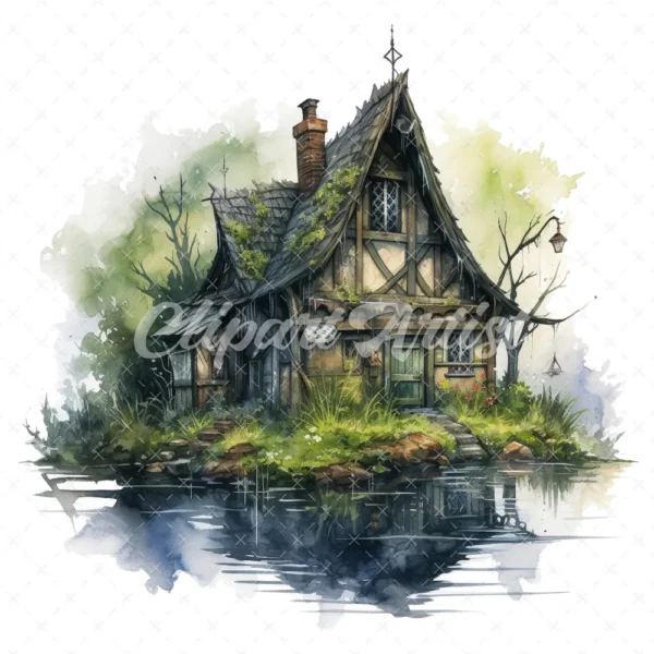 20 High-Quality Swamp Witch Houses Clipart - Witch houses digital watercolor JPG instant download for commercial use - Digital download