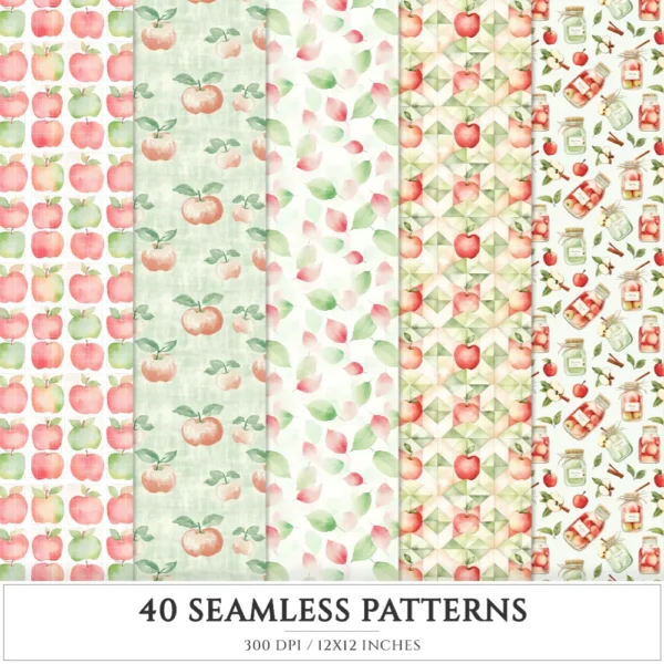 Falling Apples Seamless Patterns, Cozy autumn JPEG, Apples pattern, Pie, Leaves, Apple Gingham repeating pattern, Digital scrapbook paper