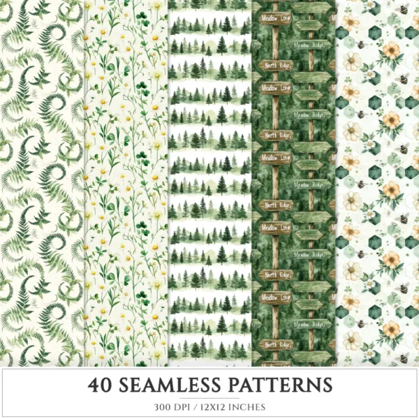 Summer Mountain Seamless Patterns, Mountain flowers JPEG, Pine forest pattern, Meadow, Alpine repeating pattern, Digital scrapbook paper