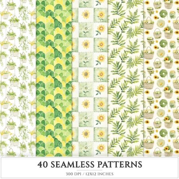Sunny Days Seamless Patterns, Sunflower summer JPEG, Gingham pattern, Floral summer, Cozy summer repeating pattern, Digital scrapbook paper