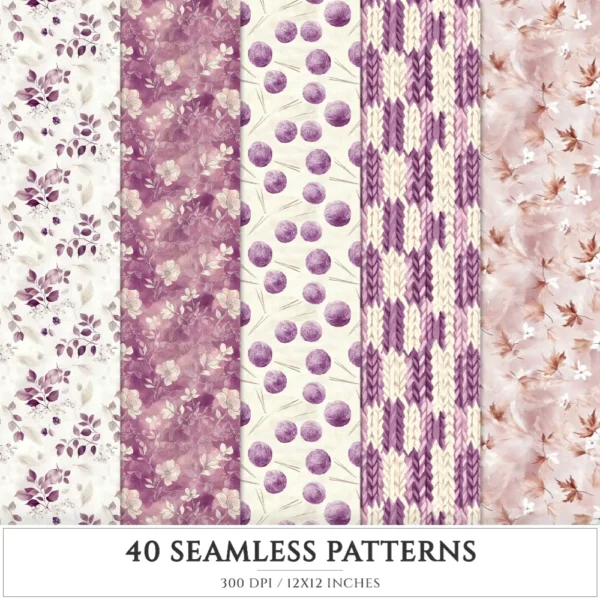 Plum Mood Seamless Patterns, Cozy autumn JPEG, Mushroom pattern, Floral, Plaid, Autumn leaves repeating pattern, Digital scrapbook paper