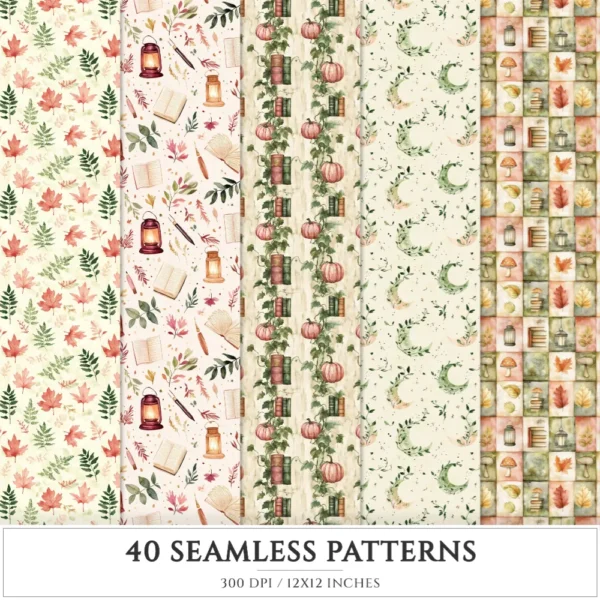 Forest Bibliotheca Seamless Patterns, Autumn library JPEG, Book pattern, Reading, Falling leaves repeating pattern, Digital scrapbook paper