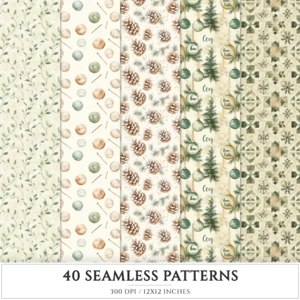 Festive Farmhouse Seamless Patterns, Farmhouse festive JPEG, Snowmen pattern, Plaid, Ornaments repeating pattern, Digital scrapbook paper