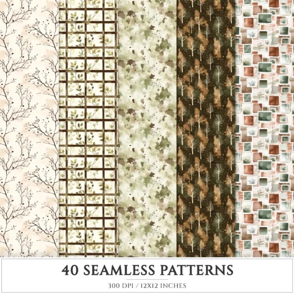 Autumn Gallery Seamless Patterns, Chic fall JPEG, Botanical pattern, Pumpkin, Falling leaves repeating pattern, Digital scrapbook paper