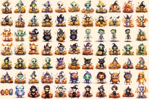 Little Monsters Watercolor Clipart Bundle - 500+ transparent PNG, Eerie graphics, Cute halloween creatures, Commercial use, Digital download