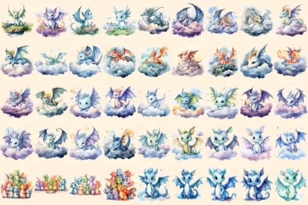 Baby Dragons Watercolor Clipart Bundle - 310+ transparent PNG, Dreamy fairytale images, Charming storybook, Commercial use, Digital download
