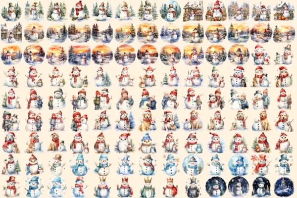 Snowman Watercolor Clipart Bundle - 755+ transparent PNG, Snowman illustrations, Delightful winter snowman, Commercial use, Digital download