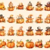 Pumpkin Watercolor Clipart Bundle - 205+ transparent PNG, Autumn pumpkin illustrations, Halloween art png, Commercial use, Digital download