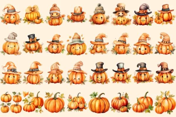Pumpkin Watercolor Clipart Bundle - 205+ transparent PNG, Autumn pumpkin illustrations, Halloween art png, Commercial use, Digital download