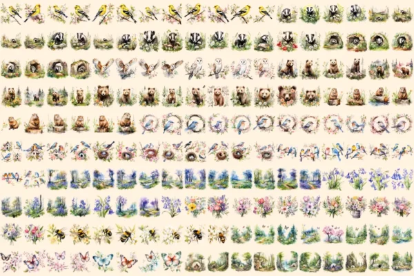Spring Woodland Watercolor Clipart Bundle - 1185+ transparent PNG, Spring forest graphics, Warm nature png, Commercial use, Digital download