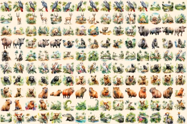 Tropical Animals Watercolor Clipart Bundle - 1030+ transparent PNG, Wild animal illustrations, Jungle png, Commercial use, Digital download