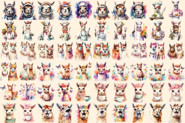 Llamas Watercolor Clipart Bundle - 400+ transparent PNG, Charming alpaca illustrations, Cyte llama images, Commercial use, Digital download