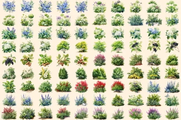 Bushes Watercolor Clipart Bundle - 625+ transparent PNG, Vibrant garden shrub graphics, Lush foliage png, Commercial use, Digital download