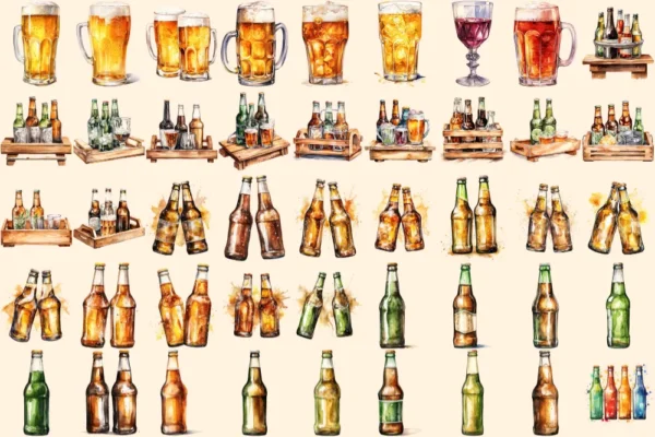 Beer Watercolor Clipart Bundle - 305+ transparent PNG, Craft beer illustrations, Lager and ale png images, Commercial use, Digital download