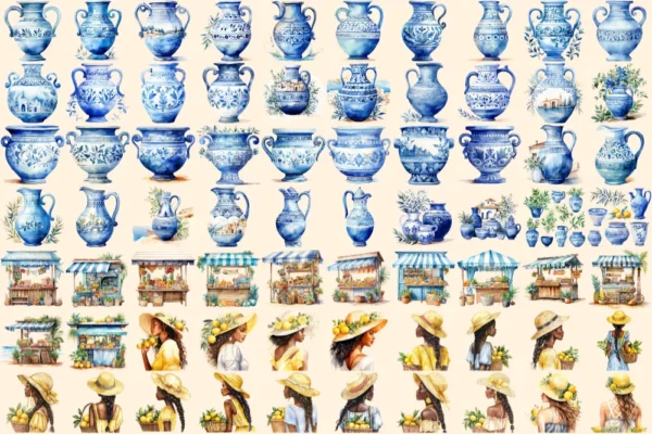 Mediterranean Watercolor Clipart Bundle - 460+ transparent PNG, Bright beach graphics, Olives clipart png, Commercial use, Digital download