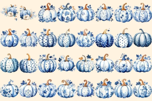 Blue Fall Watercolor Clipart Bundle - 205+ transparent PNG, Autumn harvest graphics, Rustic pumpkin floral, Commercial use, Digital download