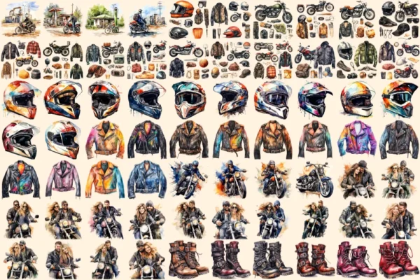 Bikers Watercolor Clipart Bundle - 480+ transparent PNG, Road warrior enthusiast illustrations, Motorbike, Commercial use, Digital download