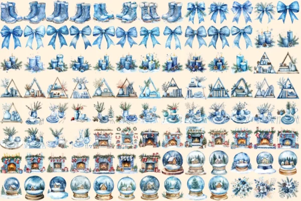 Hello Winter Watercolor Clipart Bundle - 700+ transparent PNG, Cozy winter graphics, Frosty blue holiday, Commercial use, Digital download