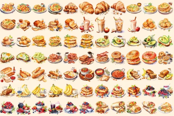 Breakfast Foods Watercolor Clipart Bundle - 500+ transparent PNG, Breakfast plate graphics, Early meal png, Commercial use, Digital download