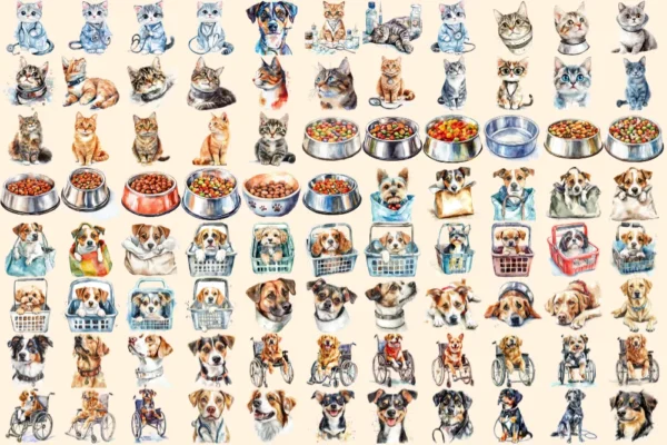 Veterinary Watercolor Clipart Bundle - 600+ transparent PNG, Veterinary care illustrations, Pet health png, Commercial use, Digital download