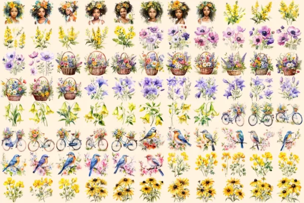 Wildflowers Watercolor Clipart Bundle - 604+ transparent PNG, Blooming wildflower graphics, Spring nature, Commercial use, Digital download
