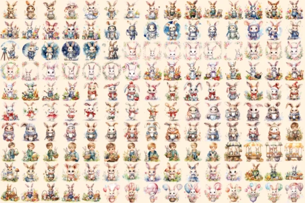 Bunnies Watercolor Clipart Bundle - 1018+ transparent PNG, Cute rabbit illustrations, Whimsical bunny png, Commercial use, Digital download