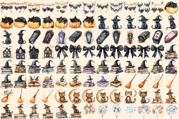 Cute Halloween Watercolor Clipart Bundle - 710+ transparent PNG, Playful spooky graphics, Eerie halloween, Commercial use, Digital download