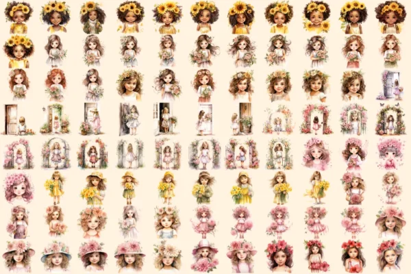 Little Flower Girls Watercolor Clipart Bundle - 590+ transparent PNG, Cute floral girl png, Cute artwork, Commercial use, Digital download