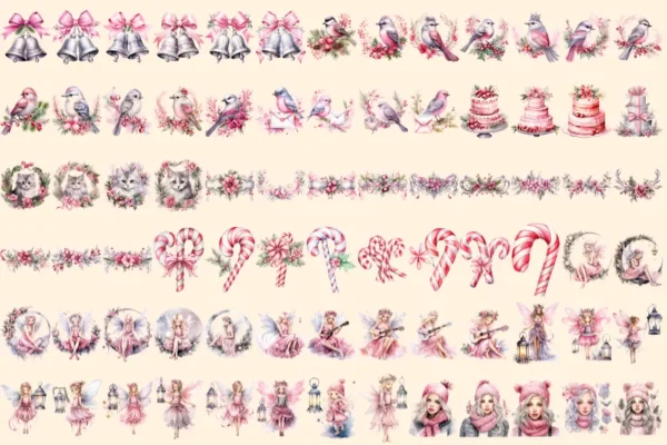 Pink & Silver Christmas Watercolor Clipart Bundle - 503+ transparent PNG, Xmas winter images, Festive png, Commercial use, Digital download
