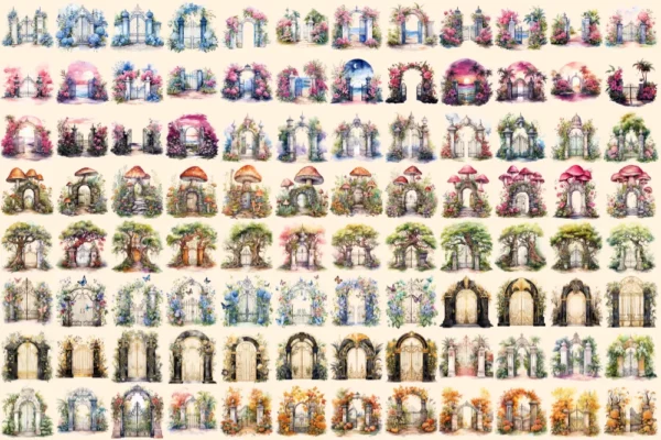 Garden Gates Watercolor Clipart Bundle - 660+ transparent PNG, Whimsical doorway illustrations, Door png, Commercial use, Digital download