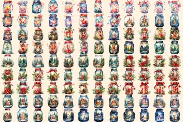 Christmas Magical Jars Watercolor Clipart Bundle - 710+ transparent PNG, Holiday jar png, Festive jar art, Commercial use, Digital download