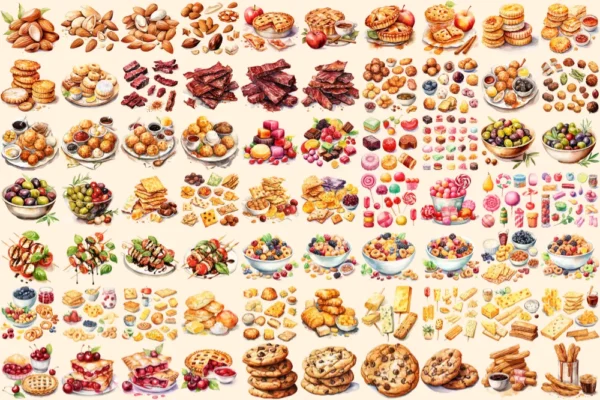 Snacks Watercolor Clipart Bundle - 470+ transparent PNG, Delicious snack variety graphics, Fast food png, Commercial use, Digital download