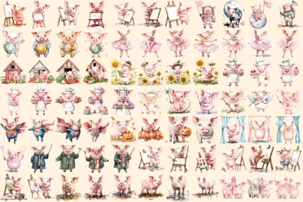 Pigs Watercolor Clipart Bundle - 512+ transparent PNG, Charming pig illustrations, Rustic farm animal art, Commercial use, Digital download