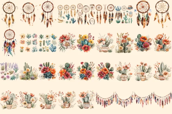 Boho Western Watercolor Clipart Bundle - 240+ transparent PNG, Western desert cowgirl graphics, Boho png, Commercial use, Digital download