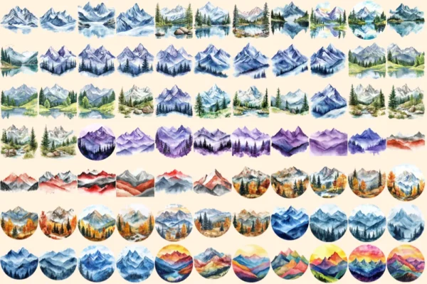 Mountain Landscapes Watercolor Clipart Bundle - 503+ transparent PNG, Majestic mountain images, Alpine png, Commercial use, Digital download