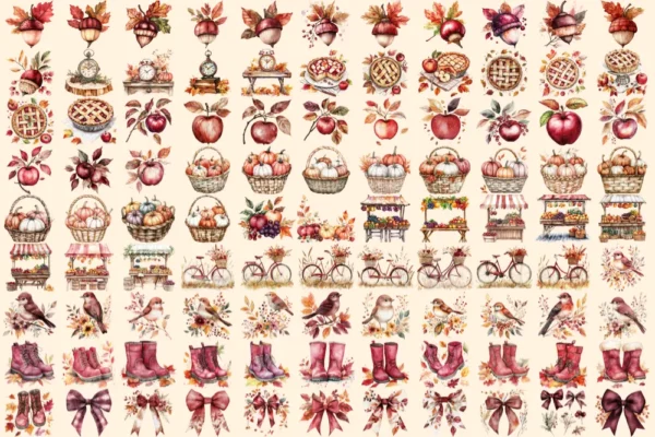 Burgundy Fall Watercolor Clipart Bundle - 672+ transparent PNG, Autumn burgundy images, Seasonal leaf png, Commercial use, Digital download