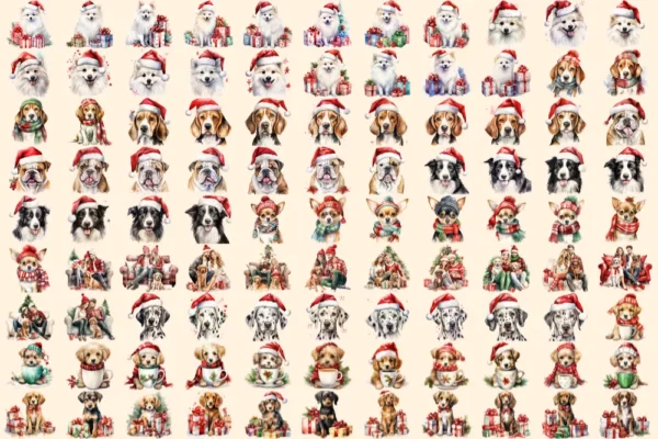 Christmas Dogs Watercolor Clipart Bundle - 680+ transparent PNG, Cozy festive dog graphics, Holiday pup art,Commercial use, Digital download
