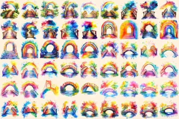 Rainbow Bridges Watercolor Clipart Bundle - 352+ transparent PNG, Colorful archway images, Vibrant bridge, Commercial use, Digital download