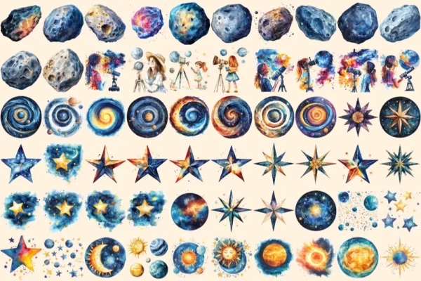 Astronomy Watercolor Clipart Bundle - 400+ transparent PNG, Sky and planet graphics, Celestial starry art, Commercial use, Digital download