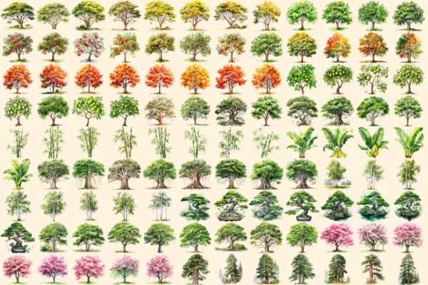 Trees Watercolor Clipart Bundle - 738+ transparent PNG, Scenic tree and landscape graphics, Green nature, Commercial use, Digital download