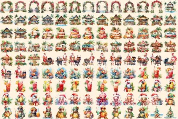 Tropical Christmas Watercolor Clipart Bundle - 790+ transparent PNG, Exotic tropic holiday image,Festive png,Commercial use,Digital download