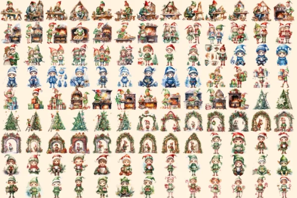 Christmas Elves Watercolor Clipart Bundle - 791+ transparent PNG, Cozy festive magic png, Holiday elf art, Commercial use, Digital download